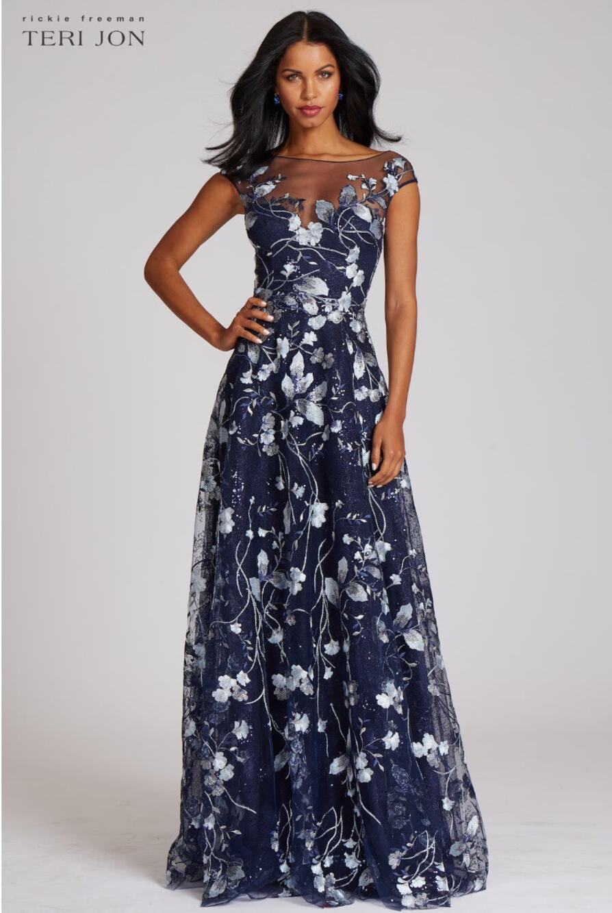 Teri Jon by Rickie Freeman Embroidered Lace Illusion Gown Dress Navy Silver US 8